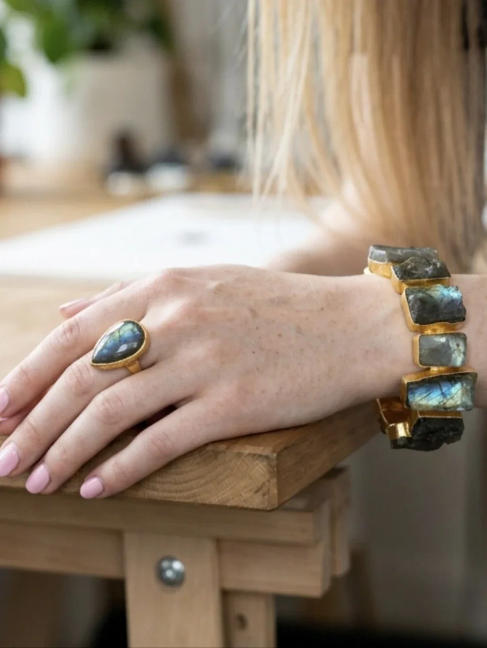24k Gold Plated Genuine Raw Flash Labradorite Natural Stone Crystal Bracelet